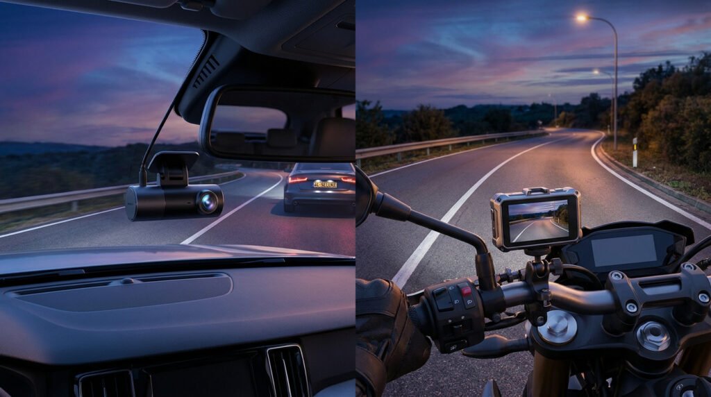 Comparaison visuelle d'une dashcam installée dans une voiture et sur un guidon de moto lors d'une route au crépuscule.