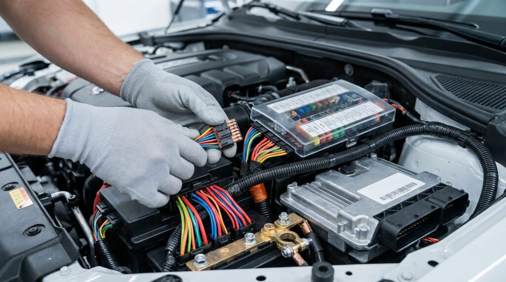 Un mécanicien en gants gris manipule des câbles colorés et le boîtier à fusibles d'un moteur de voiture.