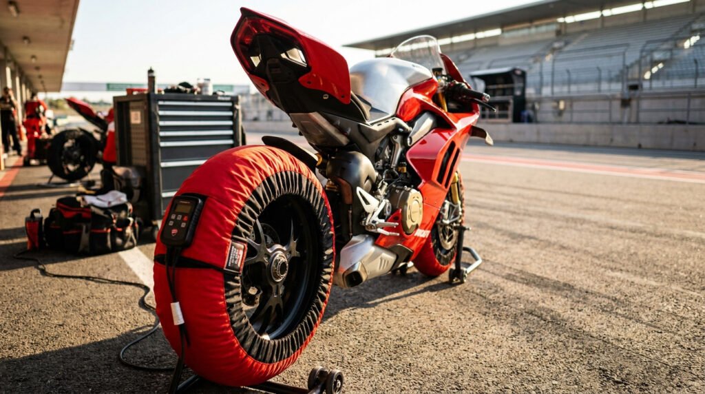 Moto de course Ducati rouge sur une piste, équipée de couvertures chauffantes sur les pneus arrière et avant.