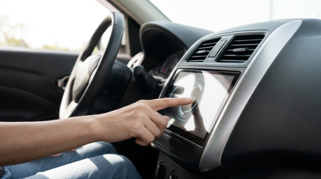 Conducteur utilisant l'écran tactile d'une Renault Clio 4.