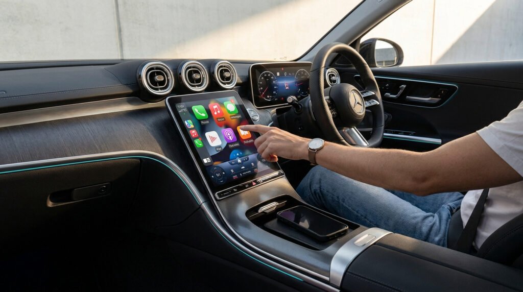 Conducteur utilisant l'écran tactile central affichant l'interface Apple CarPlay dans une Mercedes Classe C.